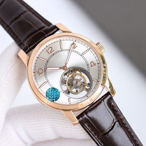 Reloj mecánico Tourbillon con esfera en tono oro rosa, correa de cuero marrón, reloj de pulsera de cuarzo, estilo vestir - Product Image 4