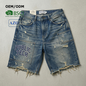 Custom Heavyweight Acid <b>Wash</b> Denim Shorts Mens Luxury Plat Embroidery Distressed Raw Frayed Hem Wide Leg Baggy Short Jeans Pants - Product Image 1