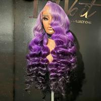 Encantadora Peluca de Cabello Humano Ondulado Profundo Morado Ombre HD, con Cutícula Alineada, Pre-arrancada, Frontal de Encaje Transparente 13*6 Sin Pegamento