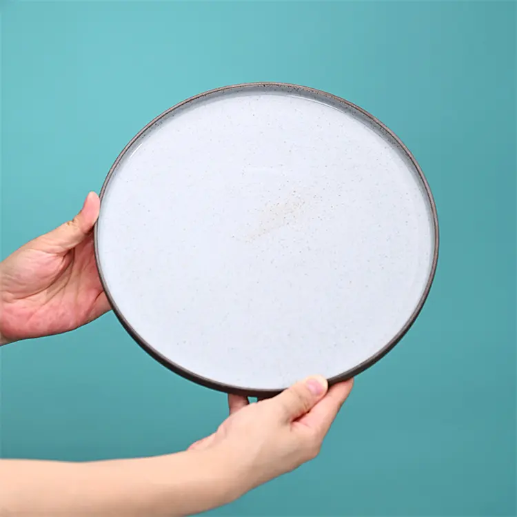 Прозрачные глазурованные керамические сервировочные тарелки, керамические тарелки на заказ с белым песчаным эффектом, фарфоровые плоские тарелки