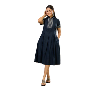 เดรสผ้าลินินสีน้ำเงินกรมท่าปักลายประดับซิป ทนทานสำหรับผู้หญิง - Product Image 2