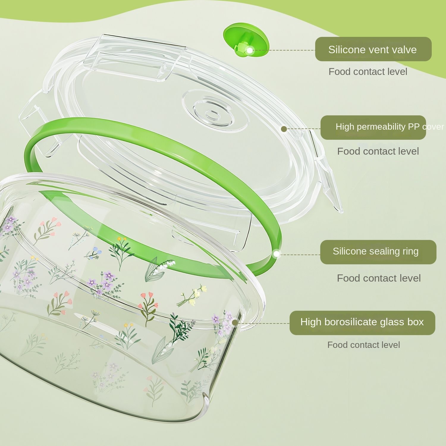 Glass Microwave Safe Lunch Box Kitchen Use Large Capacity Waterproof Fruit Bento High Borosilicate Printing Eco-Friendly Modern view 2