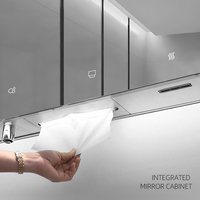 Kabinet Cermin Vanity LED Stainless Steel Modern BTM dengan Lampu, 2/3 Kotak Tisu, Pengering Tangan, Dispenser Sabun, untuk Kamar Mandi