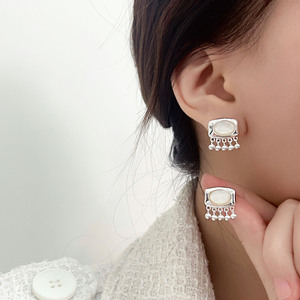 S925 Sterling <b>Silver</b> <b>Stud</b> Earrings With White Mother Of Pearl Geometric Design For Everyday Wear - Product Image 1