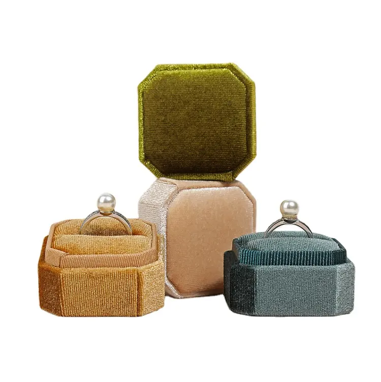 Velour Green Velvet Luxury Design Jewelry Packaging Octagonal Ring Box