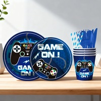 Kits de vaisselle jetable sur le thème du jeu personnalisés en bleu, comprenant une bannière d'anniversaire, des assiettes en papier, des fournitures de fête à motifs de jeu