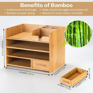 Organizador de escritorio de bambú de varias capas con divisiones para almacenamiento de oficina y soporte para documentos, tipo rectangular. - Product Image 3