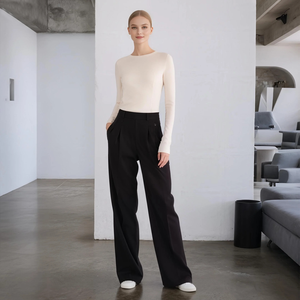 Vendita calda da donna <span class=keywords><strong>pantaloni</strong></span> larghi a vita alta <span class=keywords><strong>neri</strong></span> <span class=keywords><strong>pantaloni</strong></span> larghi Casual da ufficio <span class=keywords><strong>eleganti</strong></span> comodi <span class=keywords><strong>pantaloni</strong></span> in poliestere - Product Image 1