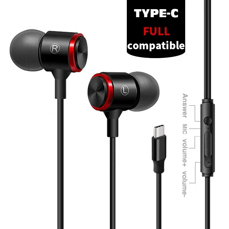 In-ear Headphone Stereo Bass Headsets Wired Metal Earphone Handsfree With Mic Usb Type C Headphones For Xiaomi Huawei Phones