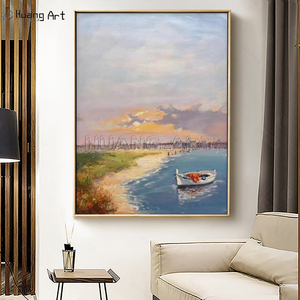 Pintura al óleo de paisaje de estilo moderno hecho a mano sobre lienzo pintor experto amanecer paisaje marino para decoración de habitación barco estacionado junto al <span class=keywords><strong>lago</strong></span> - Product Image 4