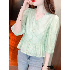 Camicie da donna alla moda alla moda stile Bag-24 eleganti e Casual con maniche a <span class=keywords><strong>tre</strong></span> <span class=keywords><strong>quarti</strong></span> <span class=keywords><strong>camicette</strong></span> Vintage con bottoni in tinta unita - Product Image 3