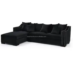 European Style Living Room Furniture Modern L Shape Black Velvet Sectional Sofa