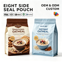 Sachet refermable imprimé sur mesure à 8 soudures latérales avec fermeture éclair, pour noix et flocons d'avoine, qualité alimentaire, résistant à l'humidité, idéal pour les sacs à fond plat