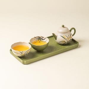 Service à thé Kung Fu en céramique, peint à la main sous glaçure, style rétro, théière en forme de poire et tasses, un pot et deux tasses - Product Image 3
