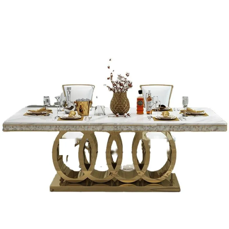 Foshan Stainless Steel Marble Dinning Table Set 8 Chairs Dining Room Furniture Gold-Plated Rectangular Dining Table