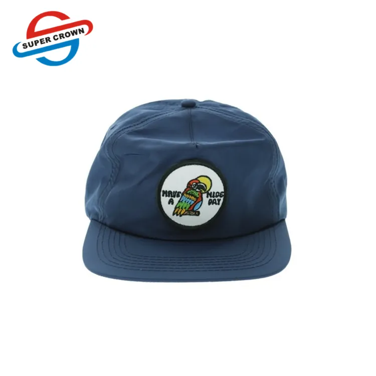 OEM-gorro personalizado de nailon con visera plana para hombre y mujer, gorra con cierre trasero, color azul, 5 paneles, 100%