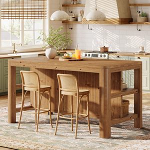 Table d'îlot de cuisine SENYU style ferme avec étagère de rangement à 3 niveaux, table de bar en bois de chêne massif hauteur comptoir pour salle à manger - Product Image 6