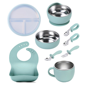 Juego de vajilla para alimentación de niños, platos de acero inoxidable 304, cuencos, tazas, babero de silicona, tenedor, cuchara para bebés de 0 a 12 meses - Product Image 1