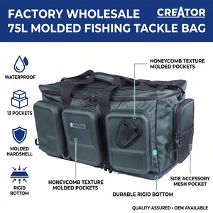 Bolsa de Pesca Impermeable de 75L, Venta al Por Mayor de Fábrica, 13 Bolsillos, Fondo Rígido Moldeado, Bolsa de Almacenamiento para Señuelos y Equipo de Pesca al Aire Libre - Product Image 1