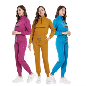 OEM Fermeture Éclair Style Unisexe Infirmière Ensemble Solide Couleurs Gommage Veste Court Jogger Pantalon <span class=keywords><strong>Nouveau</strong></span> Travail-Porter Manteau Scrubs Robe Médecins Patients - Product Image 4