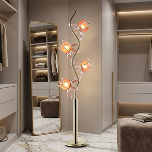 Interior Styling Lotus Flower <b>Floor</b> <b>Lamp</b>, Curvy Golden Rod 4 Glowing <b>Pink</b> Acrylic Lotus Decor <b>Lamp</b> for Showroom - Product Image 3