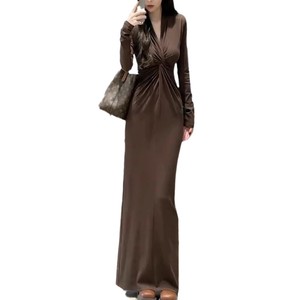 French Style Knotted V Neck Long Sleeve Bodycon Maxi Dress Coffee Black Plus Size Women's Dress - Product Image 5