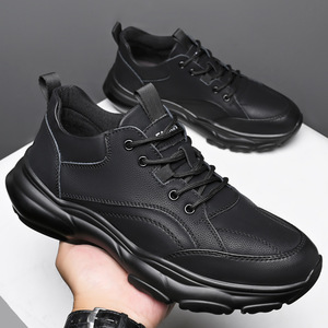 Zapatos Deportivos de Cuero Negro para Hombre con Forro de Felpa, Zapatillas Cálidas de Invierno Casuales con Cordones Delanteros, Color Sólido, Origen Wenzhou - Product Image 1