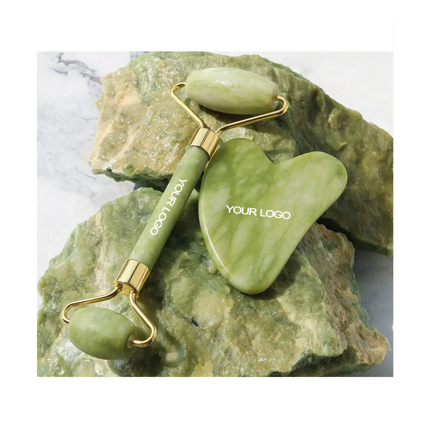 2023 Mauri Private Label Rozenkwarts Jade Roller En Gua Sha Set Groothandel Anti-Verouderingsset Natuurlijke Jade Guasha Stenen Massageset