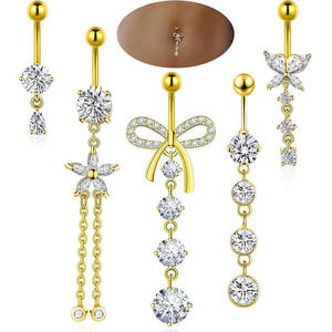 <span class=keywords><strong>Piercing</strong></span> de nombril long multi-styles en acier inoxydable plaqué or avec micro-incrustation de zircon rose et pendentif papillon - Product Image 5