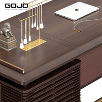 Bureau de direction de style chinois en bois d'ébène durable avec cuir véritable et panneaux brodés à la main