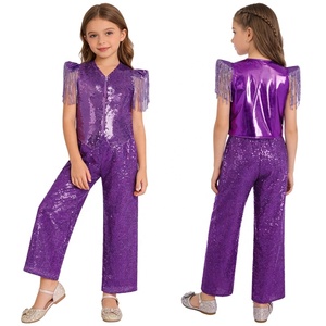 Costume de danse pour filles avec pantalon palazzo à paillettes, ensemble 2 pièces, haut à franges brillant, pour enfants, danse latine, jazz, spectacle, compétition - Product Image 3