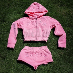 Custom pink Tracksuit for Women Embroidery logo <b>Cropped</b> Sweatsuit Two Piece High Quality Acid Wash <b>Zip</b> <b>up</b> Hoodies and Shorts Set - Product Image 2