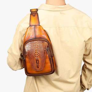 Unisex Crocodile Embossed Genuine Leather Chest <b>Bag</b> with Zipper Closure Luxury Travel Shoulder Crossbody <b>Sling</b> - Product Image 3