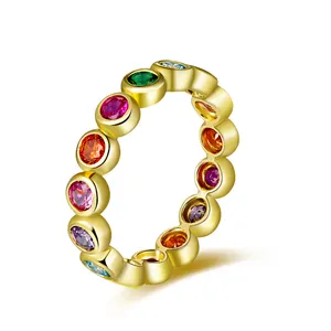 Cincin Bezel Cz Multiwarna Mode Baru Perhiasan Sterling 925 Emas Perak Disepuh Birthstone Pelangi Pita Cincin untuk Wanita