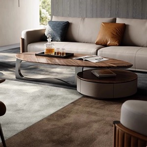 Luxury Coffee Table Designer Style Walnut Wood Irregular Shape With Drawers For Living Room Home Use - Product Image 3