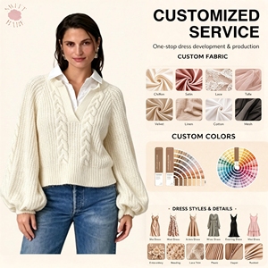 Chic <b>Fake</b> Two Piece V Neck Pullover Sweater Lantern Long Sleeve Cropped Knit Top Fall Trendy Casual Ladies Outerwear - Product Image 1