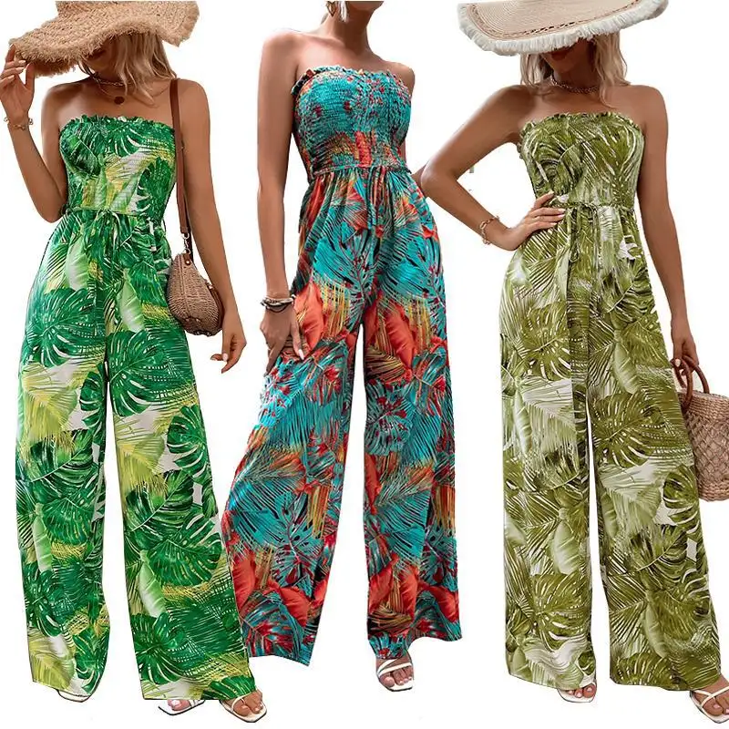 Soft Viscose Jumpsuit USA Size Custom Design Printed Elastic Tops Wide Leg Romper