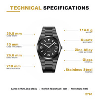Montre analogique à quartz pour homme SKMEI 2761, boîtier en alliage de zinc de 39,8 mm, bracelet en acier inoxydable, résistance à l'eau 30 m, montre-bracelet de luxe pour affaires