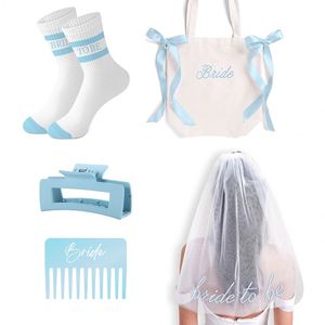 Bridal Shower Gift Bachelorette Party Favors Blue Socks Tote Bag Hair Clip Brush <b>Bride</b> to Be White Veil - Product Image 1