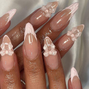 Lot de 24 <span class=keywords><strong>faux</strong></span> ongles 3D en forme de nœud floral, en ABS, avec pointe française blanche, couleur nude amande, à coller, <span class=keywords><strong>pour</strong></span> usage quotidien - Product Image 5
