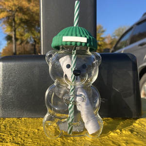 أكواب زجاجية مخصصة بتصميم كلاسيكي على شكل دب تيدي، أكواب شرب كرتونية لطيفة للقهوة والعصير والشاي والحليب مع قش - Product Image 3