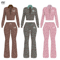 Nouvel ensemble pour femmes, imprimé léopard, haut sportif à blocs de couleur et pantalon évasé, ensemble 2 pièces pour femmes