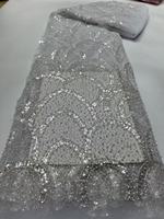 Tissu KC de luxe en forme d'éventail, avec paillettes, perles, dentelle en maille brodée, tulle infroissable et respirant pour mariage africain Aso Ebi