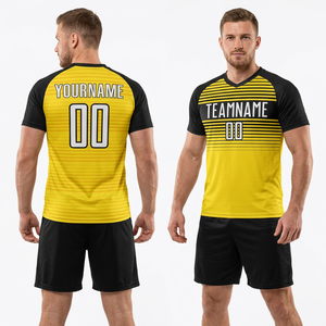 Maillot de football personnalisé jaune et noir sublimé pour homme, col en V, manches courtes, anti-transpiration, coupe athlétique, toutes saisons, ensemble de tenue d'équipe - Product Image 1