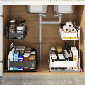 Organizzatore Sottolavello in Ferro Verniciato a 2 Livelli a Forma di L con Ripiano Estraibile per Bagno e Cucina - Product Image 2