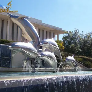 Large outdoor stainless steel dolphin water fountain sculpture