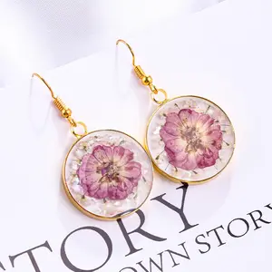 Anting-Anting Resin Kait Bunga Kering Transparan Baru Mode Bulat Alami Nyata Kering Bunga Drop Earrings Boucle D'oreille