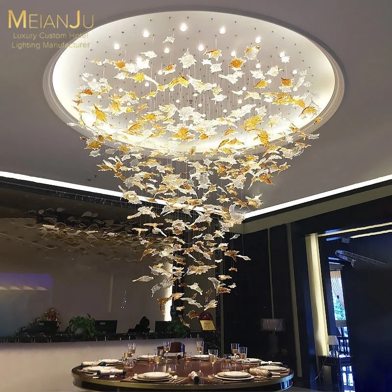 Customized Maple Leaf Decorative Glass Engineering Chandeliers Pendant Lights Stylish LED Gold Waterproof High CRI 95 Adjustable