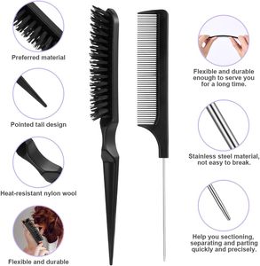 Kit de peignes à sourcils double tranchant noirs <span class=keywords><strong>pour</strong></span> femmes, brosse à cheveux en nylon, peigne à queue de rat en acier, outils de coiffure et de maquillage – Vente en gros - Product Image 4