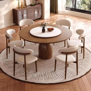 Set da Pranzo Moderno Minimalista in Stile Scandinavo con Tavolo Rotondo in Legno Massello per Appartamenti e Hotel - Product Image 1